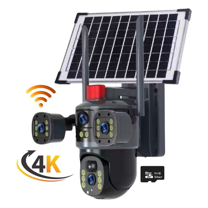 Camera De Supraveghere e-Wantay® 2 in 1, WiFi Tripla, 4K Ultra HD, Exterior/Interior, Baterie 8000 mAh, Alarma, Comunicare Bidirectionala, Senzor Miscarе, Panou Solar si Vedere Nocturna Color, Fara unghiuri moarte – Card de 64 GB Inclus, Negru