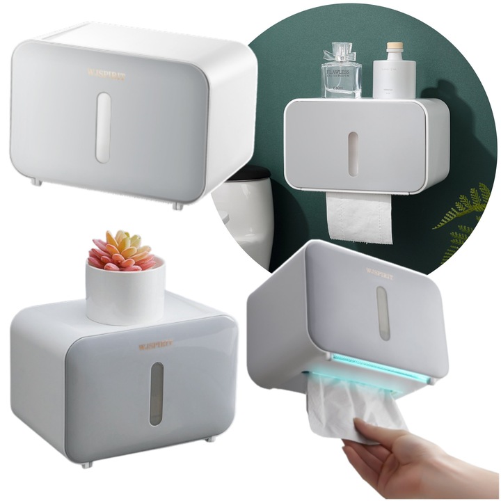 Falra szerelhető toalettpapír adagoló, elegáns, szürke, fehér, nyílással