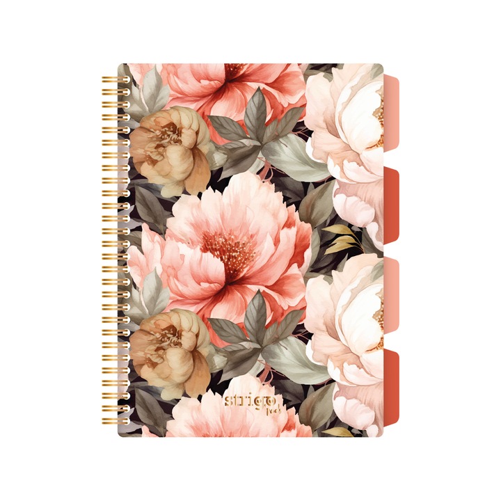 Спирална тетрадка с разделители, STRIGO PADS Project Book Flowers B5, математика, 200 страници, 80 гр. FSC хартия, твърди корици, бежови флорални мотиви