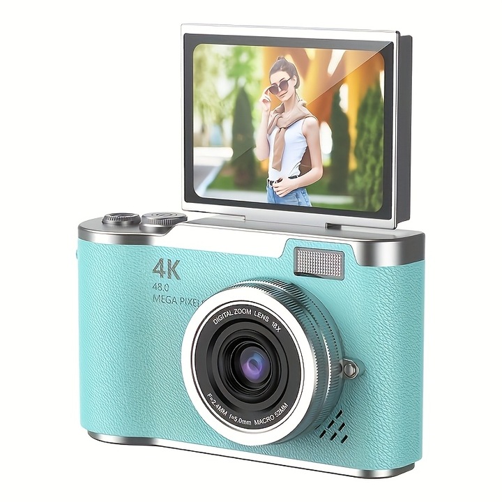 Digitális fényképezőgép, Vala® V700, 4K 48MP, 2,4 hüvelykes LCD, 180°-ban kihajtható képernyő, 18x zoom, beépített vaku, AF autofókusz, Rázkódásmentes elektronikus képstabilizátor, türkizzöld