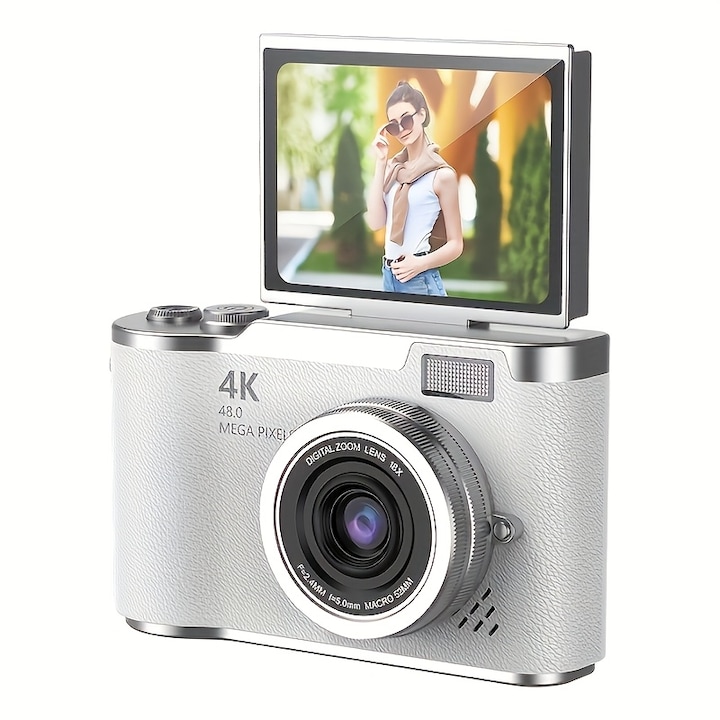 Aparat foto digital pentru copii, VALA® V700, 4K 48MP, LCD de 2.4 inchi, Ecran flip 180°, Zoom 18x, blit incorporat, autofocus AF, Stabilizare electronica Anti-shake, Alb