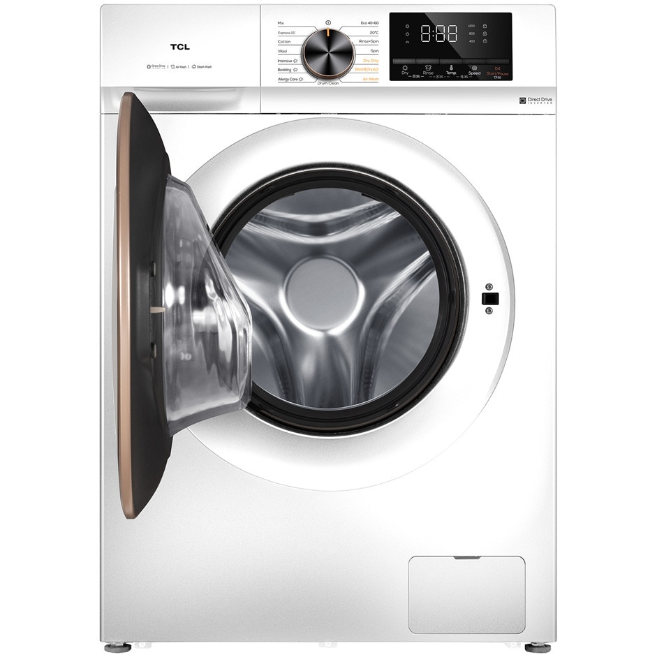 Masina de spalat rufe cu uscator TCL CP1012WA0, 10 kg Spalare, 6 kg Uscare, 1200 rpm, Clasa A, Motor Direct Drive, Display LED,Steam Wash, Drum Clean, 24 Hour Delay, Honeycomb Drum, Quick Wash 15 min, Add Garment, 15 Programe,Alb