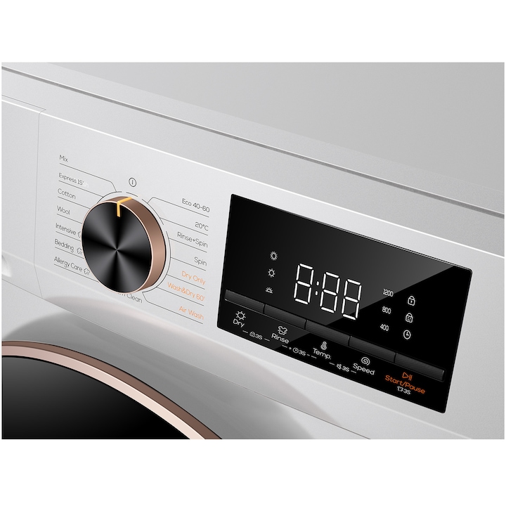 Masina de spalat rufe cu uscator TCL CP1012WA0, 10 kg Spalare, 6 kg Uscare, 1200 rpm, Clasa A, Motor Direct Drive, Display LED,Steam Wash, Drum Clean, 24 Hour Delay, Honeycomb Drum, Quick Wash 15 min, Add Garment, 15 Programe,Alb