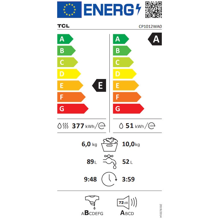 Masina de spalat rufe cu uscator TCL CP1012WA0, 10 kg Spalare, 6 kg Uscare, 1200 rpm, Clasa A, Motor Direct Drive, Display LED,Steam Wash, Drum Clean, 24 Hour Delay, Honeycomb Drum, Quick Wash 15 min, Add Garment, 15 Programe,Alb