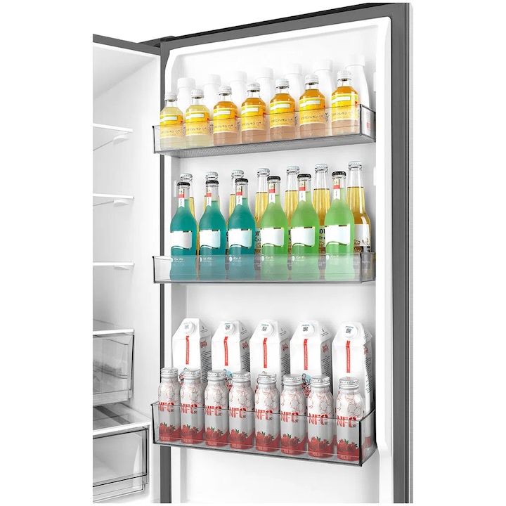 Combina frigorifica TCL MEGA Space RP409BLE0, 409L, Total No Frost, Compresor Inverter, Display Touch, T-Fresh, Multi-air flow, Power Cool, Power Freeze, Sertar Crisper, Usa reversibila, deschidere 90°, Maner retras, Iluminare LED, Clasa E, H 185 cm, Gri