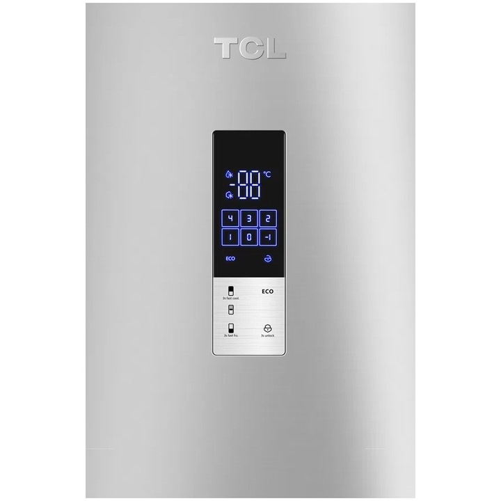 Combina frigorifica TCL MEGA Space RP409BLE0, 409L, Total No Frost, Compresor Inverter, Display Touch, T-Fresh, Multi-air flow, Power Cool, Power Freeze, Sertar Crisper, Usa reversibila, deschidere 90°, Maner retras, Iluminare LED, Clasa E, H 185 cm, Gri