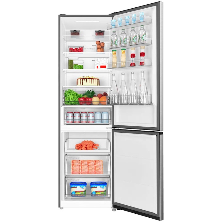 Combina frigorifica TCL MEGA Space RP456BLE0, 456L, Total No Frost, Compresor Inverter, Display Touch, T-Fresh, Multi-air flow, Power Cool, Power Freeze, Sertar Crisper, Usa reversibila, deschidere 90°, Maner retras, Iluminare LED, Clasa E, H 201 cm, Gri