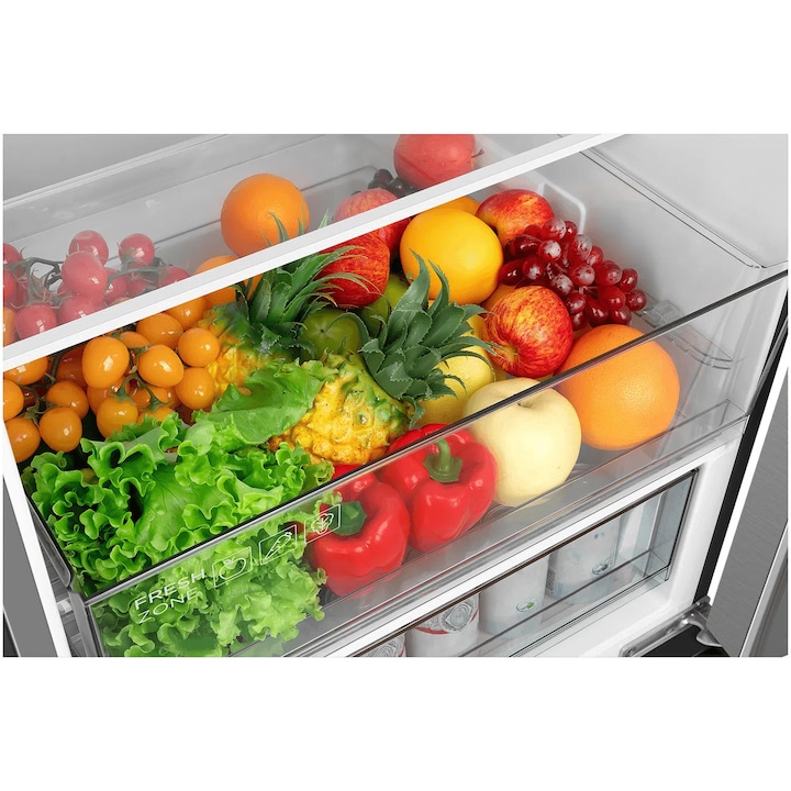 Combina frigorifica TCL MEGA Space RP456BLE0, 456L, Total No Frost, Compresor Inverter, Display Touch, T-Fresh, Multi-air flow, Power Cool, Power Freeze, Sertar Crisper, Usa reversibila, deschidere 90°, Maner retras, Iluminare LED, Clasa E, H 201 cm, Gri