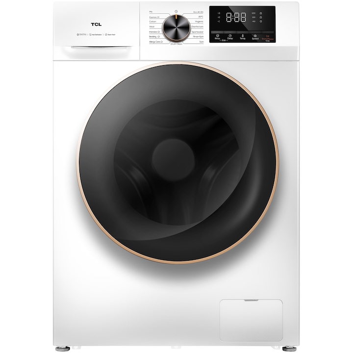Masina de spalat rufe TCL FP1012WA0, 10 kg, 1200 RPM, Clasa A, Motor Direct Drive, Steam Wash, Drum Clean, 24 Hour Delay, Honeycomb Drum, Quick Wash 15 min, Add Garment, 16 Programe, Alb