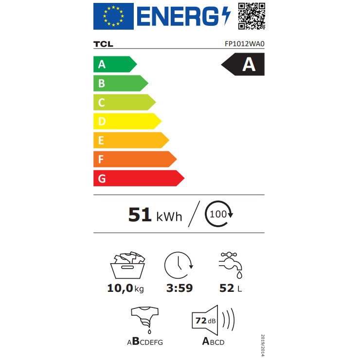 Masina de spalat rufe TCL FP1012WA0, 10 kg, 1200 RPM, Clasa A, BLDC Inverter Motor, Steam Wash, Drum Clean, 24 Hour Delay, Honeycomb Drum, Quick Wash 15 min, Add Garment, 16 Programe, Alb