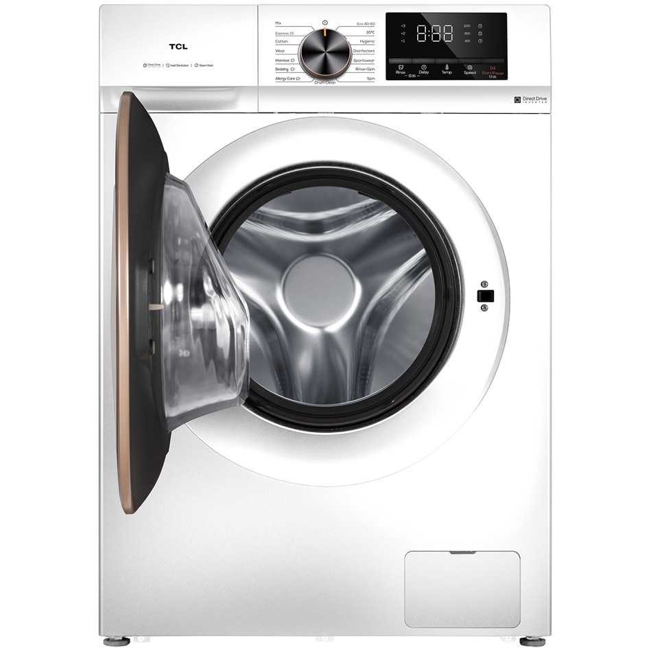 Masina de spalat rufe TCL FP1012WA0, 10 kg, 1200 RPM, Clasa A, BLDC Inverter Motor, Steam Wash, Drum Clean, 24 Hour Delay, Honeycomb Drum, Quick Wash 15 min, Add Garment, 16 Programe, Alb