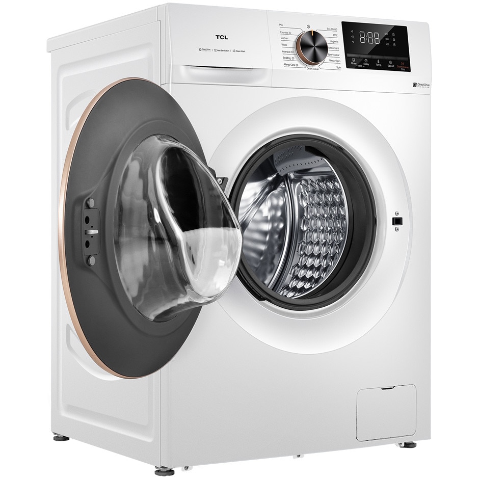 Masina de spalat rufe TCL FP1012WA0, 10 kg, 1200 RPM, Clasa A, BLDC Inverter Motor, Steam Wash, Drum Clean, 24 Hour Delay, Honeycomb Drum, Quick Wash 15 min, Add Garment, 16 Programe, Alb