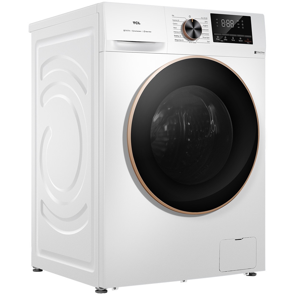 Masina de spalat rufe TCL FP1012WA0, 10 kg, 1200 RPM, Clasa A, BLDC Inverter Motor, Steam Wash, Drum Clean, 24 Hour Delay, Honeycomb Drum, Quick Wash 15 min, Add Garment, 16 Programe, Alb