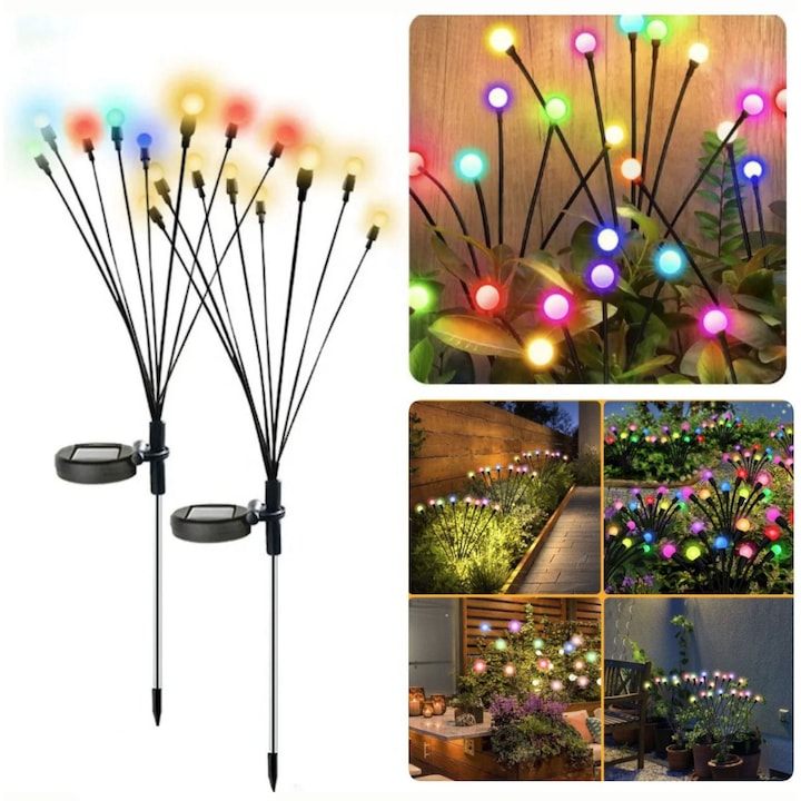 Set 2 lampi solare de gradina, efect de licurici multicolori, 8 LED, rezistent la apa, usor de instalat, incarcare solara, multicolor