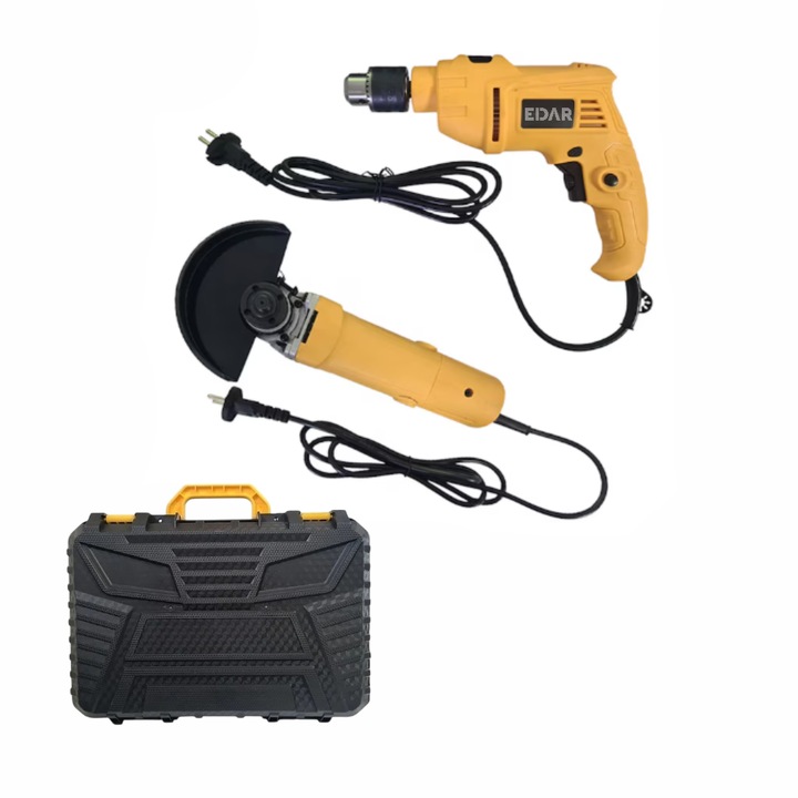 Set Scule EDAR Masina De Gaurit Cu Impact 780W Cu 2 Trepte De Viteza Si Polizor Unghiular, Mandrina 1.5–13 mm, 10.000 Rpm, Negru/Galben