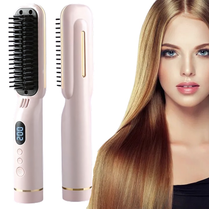 Електрическа четка за изправяне на коса, с отрицателни йони, безжична, LCD дисплей, 3 температурни настройки, против изгаряне, преносима