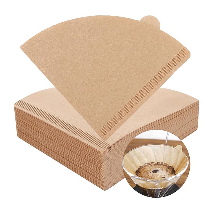 Set de 100 filtre de cafea conice V60, hartie naturala nebleachata, pentru 2-4 cani, compatibile cu aparate de cafea pour over.