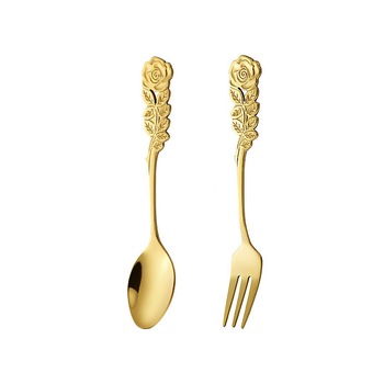 Set tacamuri personalizate cu maner in forma de trandafir, inox, aurie, pentru 1 persoana