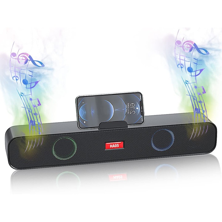 Bara de sunet HA05 261001NOBM27841, Bluetooth 5.1, cu subwoofer integrat, microfon hands-free, AUX/USB/slot card si suport pentru telefon, negru