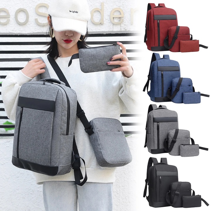 Set 3 piese, rucsac/geanta crossbody/geanta tote, negru, cu USB, 42x30x12cm, 24x21x6cm, 20x12x2cm