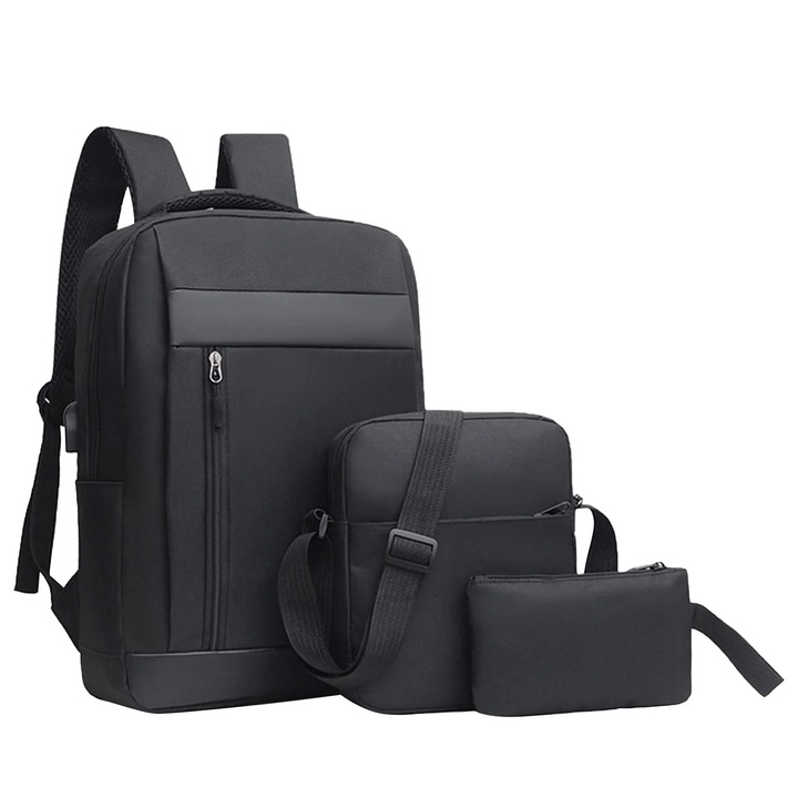 Set 3 piese, rucsac/geanta crossbody/geanta tote, negru, cu USB, 42x30x12cm, 24x21x6cm, 20x12x2cm