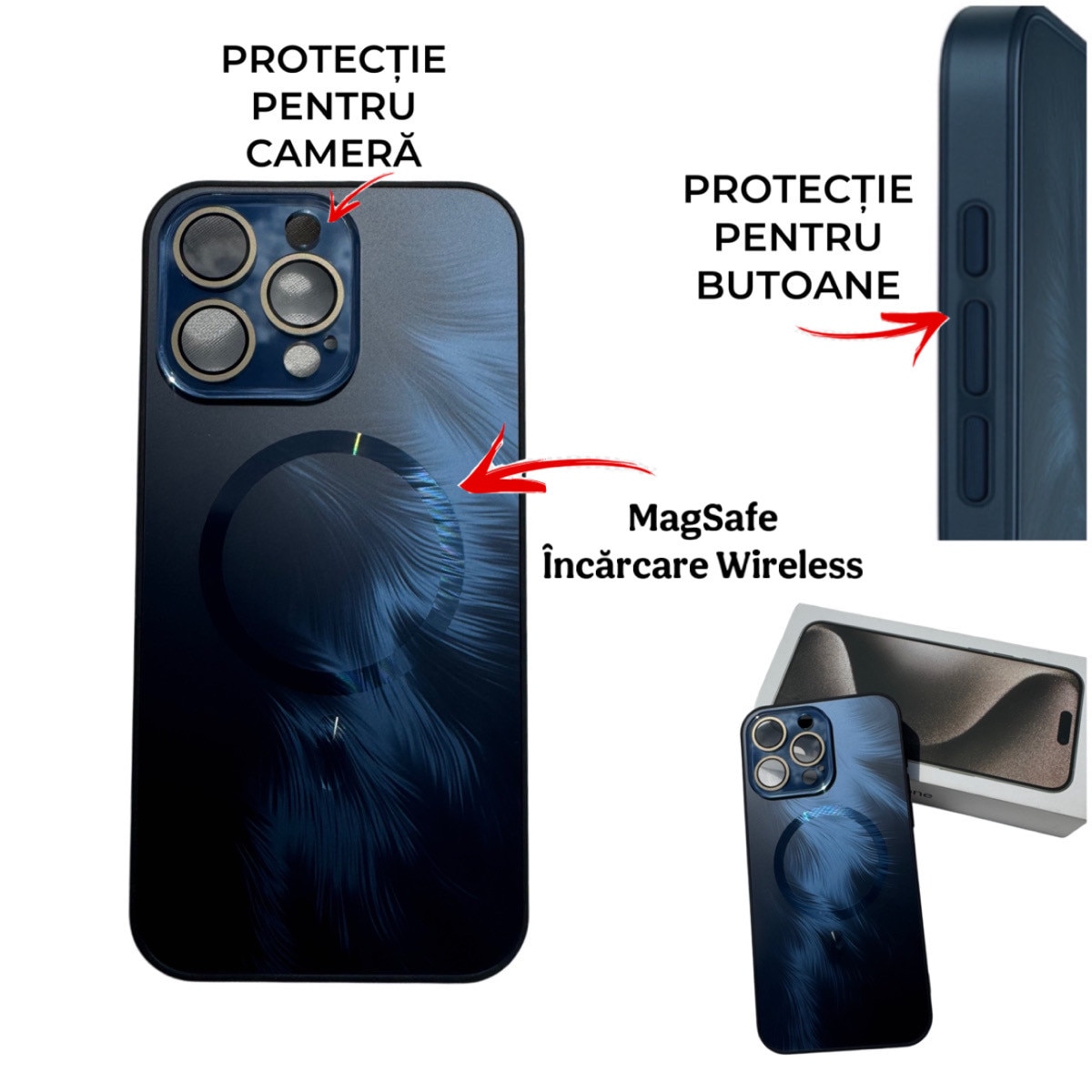 Husa de Protectie Pentru iPhone 13 ProMax MagSafe, model Negru lucios cu efect 3D tip pana, design elegant si protectie completa inclusiv Lentile impotriva socurilor si zgarieturilor
