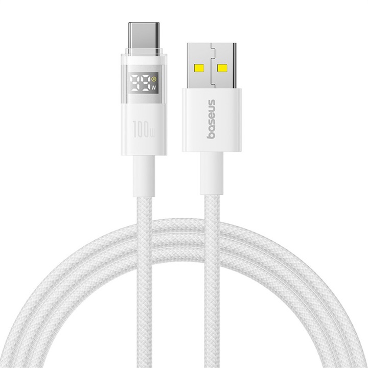 Táp- és adatkábel Baseus Display, gyorstöltő adatkábel okostelefonhoz, USB - USB Type-C 100W, fonott, 1m, fehér "P10382701211-00" (zöld bélyeg 0,08 lej) - 6932172682361