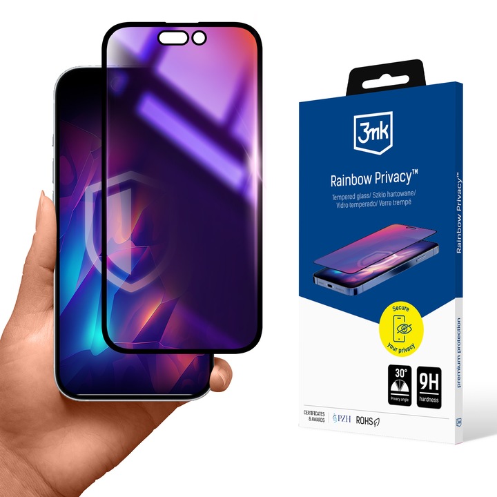 Folie protectie telefon 3mk Rainbow Privacy, efect arc-en-ciel, durabilitate 9H, pentru Iphone 16 Pro Max
