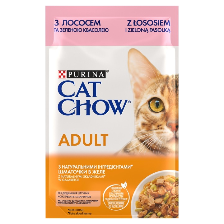 Hrana umeda pentru pisici, Purina Cat Chow, cu somon si fasole verde, 85g