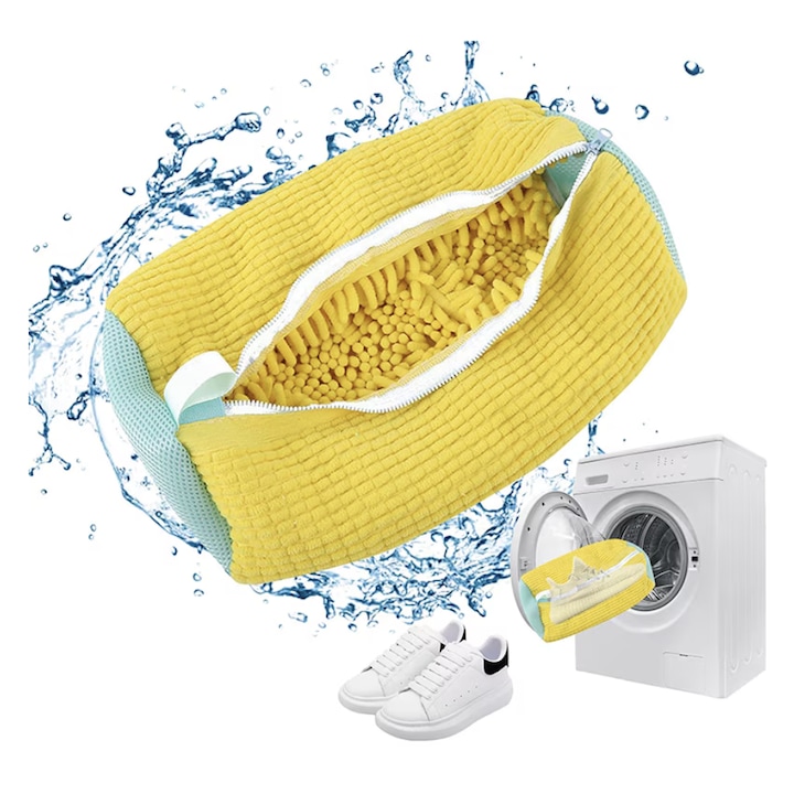 Sac pentru spalat incaltamintea, geanta de spalat Pantofi sport, ghete si saculet papuci spalare, reutilizabila se potriveste tuturor tipurilor si marimii de pantofi sac rufe, galben 39cm*19cm