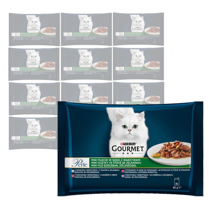 Hrana umeda pentru pisici, Mini fileuri in sos, Purina Gourmet Perle, Mix cu legume 12x340g (48 pliculete)