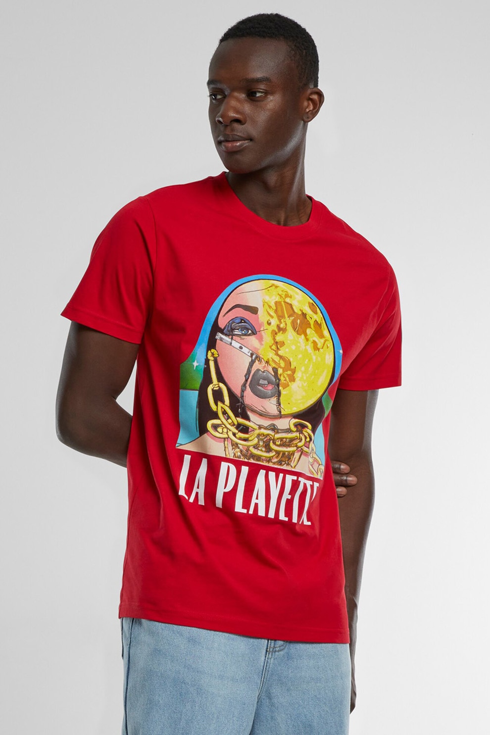 Mister tee, Tricou cu design grafic si decolteu la baza gatului, Galben, Rosu vermillion, Albastru, L