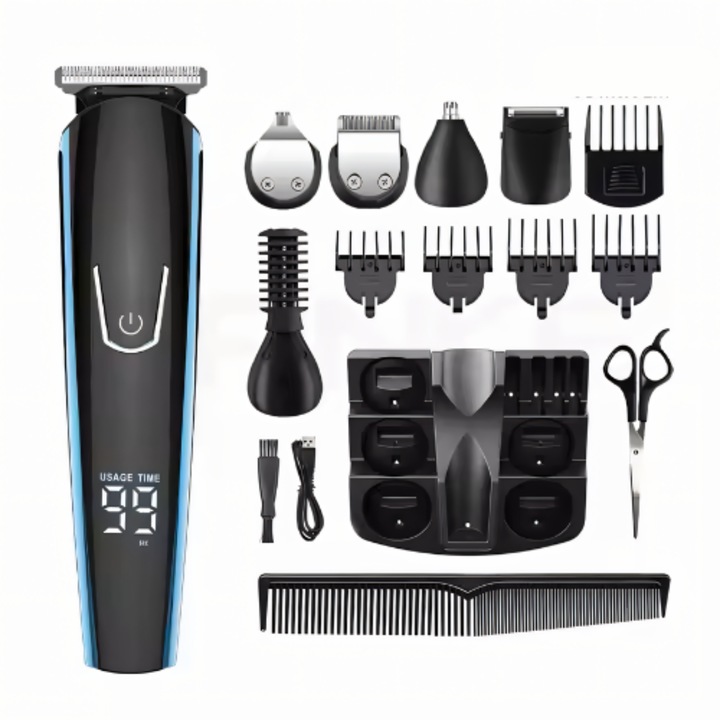 Masina de Tuns si Aparat de Ras, Profesional Mepi Tech – FK-8188, 11 Piese, Trimmer, Tuns Par, Barba, Mustata, Nas, Ureche, Corp, Design Ergonomic, Lame din Otel Inoxidabil cu Auto-Ascutire, Reincarcabil cu USB, Display LED, Zgomot Redus, Negru