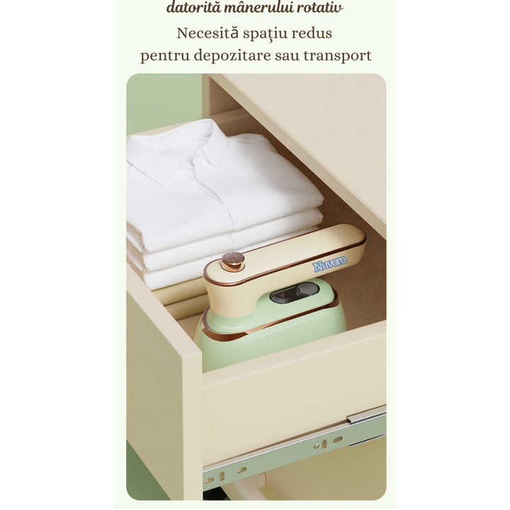 Fier de calcat Nuvoro CY-601, portabil, cu abur, 1000W, maner pliabil, compact, ideal pentru calatorii, Verde