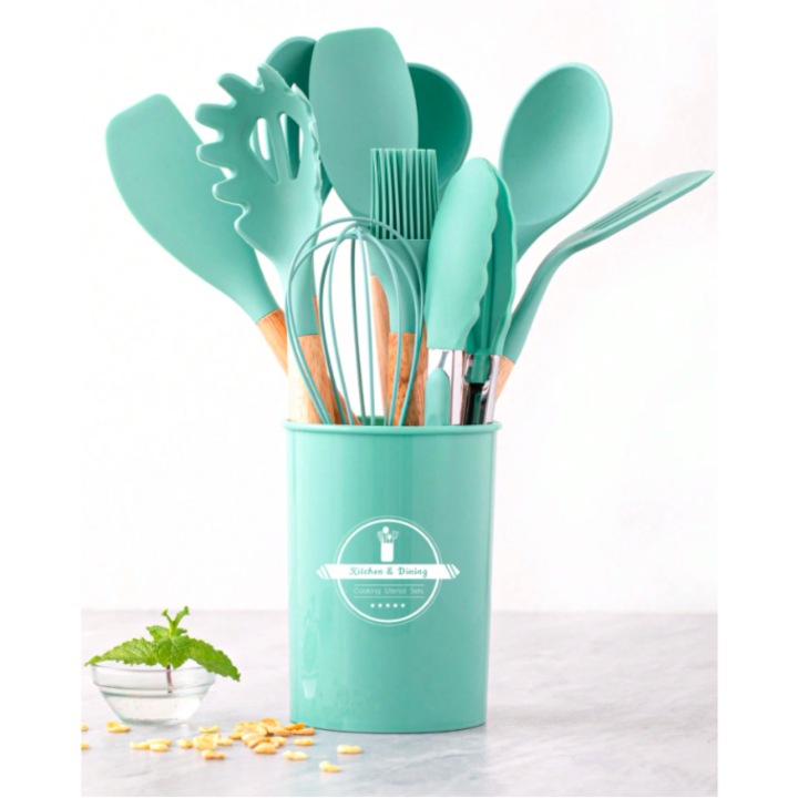 Set 12 ustensile de bucatarie din silicon termorezistent si maner din lemn natural, Verde inchis