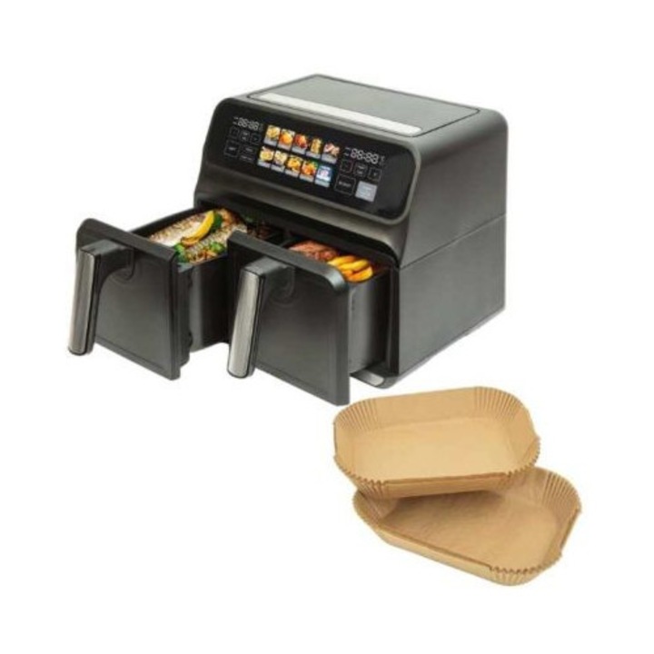 Mercaton XXL légkeveréses fritőz, dupla kosár, érintőképernyő, 230V, 2200W, 4+4 l, 80 - 200°C és 100 sütőpapír 14 x 22 cm, fekete