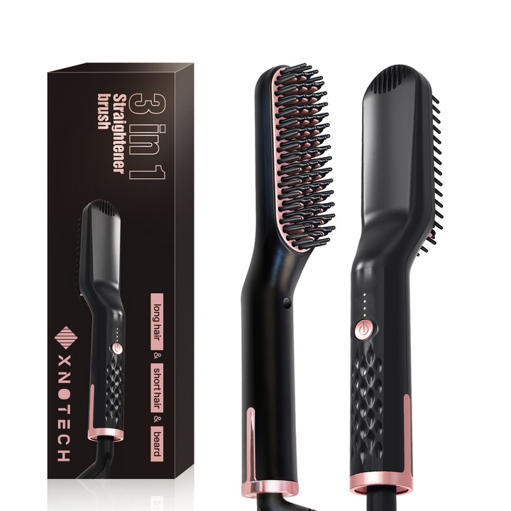 Perie electrica multifunctionala XNOTECH 3 in 1, Tehnologie ionizare, Uscare si stilizare, Setari reglabile temperatura, Potrivita pentru toate tipurile de par, Pieptene pentru coafarea si indreptarea parului si a barbii, Negru