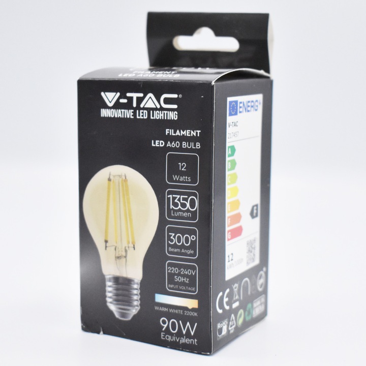 Bec LED Vintage filament 12W (90W), E27, A60, 1350 lm, lumina calda (2200K), V-TAC
