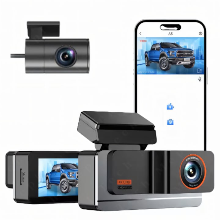 Автомобилен видеорегистратор Mepi Tech® A3, Ултракомпактен видеорегистратор, FULL HD 4K, 2160P, Цикличен запис, Нощно виждане, G-сензор, Гласови инструкции, 170° ъгъл на видимост, Камера за задно виждане включена в комплекта, Сив