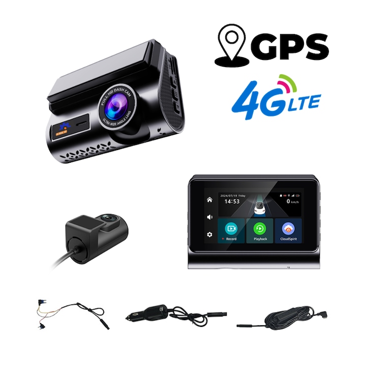 Автомобилен DVR 4G LTE, 2K 1440p, IPS 3.0", ъгъл 140°, GPS+Beidou, Wi-Fi, G-сензор, двупосочна комуникация, цикличен запис, поддръжка на карти с памет до 512Gb, адаптер за панел с предпазители, предна камера + задна камера, черен