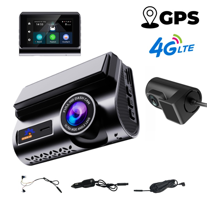 Camera auto DVR 4G LTE, 2K 1440p, IPS 3.0", Unghi 140°, GPS, Wi-Fi, Senzor G, Comunicare bidirectionala, Inregistrare in bucla, Suport card memorie de pana la 512Gb, Adaptor panou sigurante, Camera fata+Camera spate, Negru