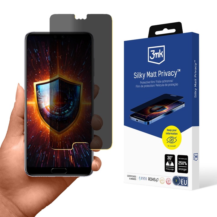 Telefon védőfólia, 3mk Silky Matt Privacy, adatvédelem, 250%-os ellenállás, Huawei P20-hoz