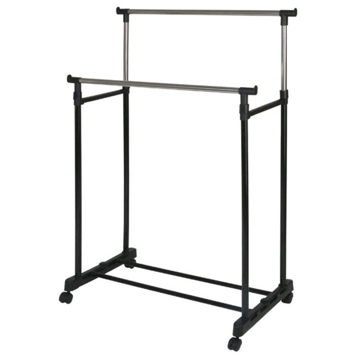 Мобилна стойка за дрехи и обувки двойна, 2 телескопични пръта, 75x33x153 см, метал, пластмаса