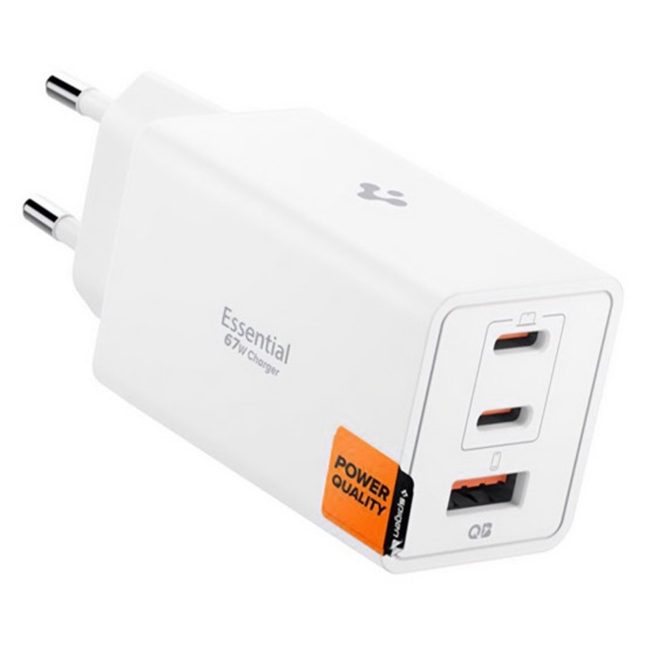 Spigen essential hálózati töltő usb+2 type-c aljzat, 67w, gan, pd gyorstöltő 3.0, fehér