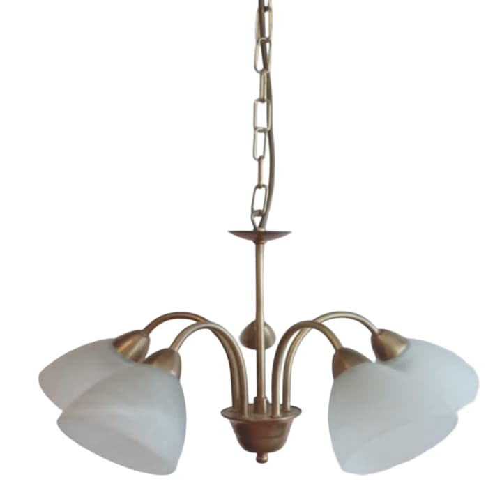 Candelabru, Szarvas, 5 brate, placat cu aur, cu pahare din sticla alba