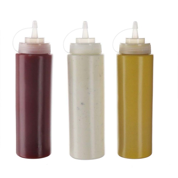 Комплект от 3 дозиращи бутилки за подправки, изработени от хранителен HDPE без BPA, с регулируем режещ накрайник и фиксирани капачки, против изтичане, прозрачни, 3 x 24 oz (710 ml)