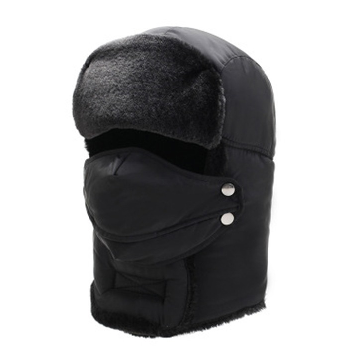 Caciula de iarna unisex cu urechi, material acrilic, captuseala din blana sintetica, ajustabila, 55-60 cm, set 3 in 1