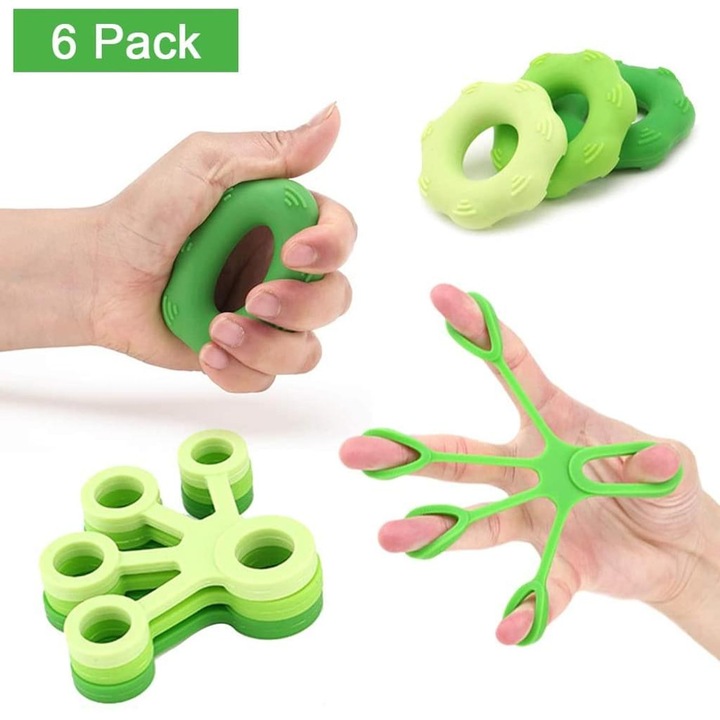 Antrenor pentru muschii mainii si degetelor ZYBLSSBB LSM2XH7919-LN-1042, inele si extensor din silicon, verde, set 6
