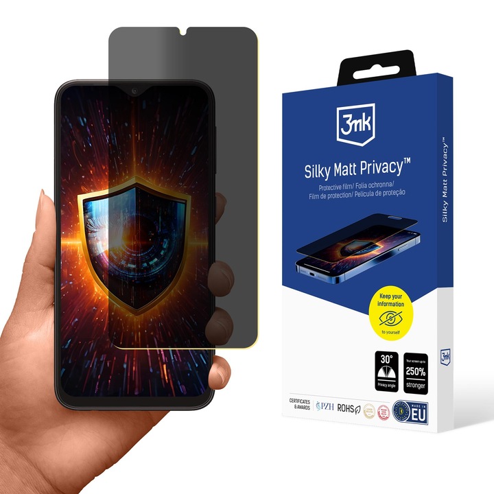 Telefonvédő fólia, 3mk Silky Matt Privacy, adatvédelem, 250%-os ellenállás, Samsung Galaxy A10-hez
