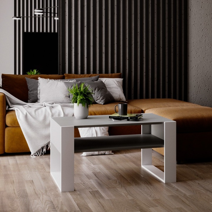 Masa de cafea MRBLS HOME Karo, 92x45x53,6 cm. Design modern, finisaj Gri mat si Alb mat. Ideala pentru living, oferind un spatiu de depozitare practic. O piesa de mobilier eleganta si minimalista, perfecta pentru un interior contemporan